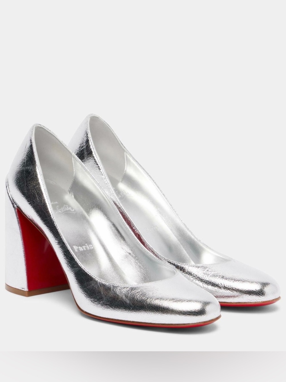 CHRISTIAN LOUBOUTIN MISS SAAB 85 SILVER CRINKLED LEATHER PUMPS BLOCK HEEL SZ 39